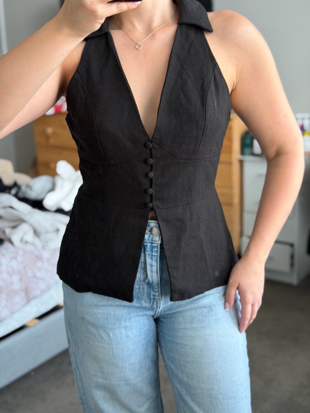 H&M Black Sleeveless Button-Front Halter Camisole